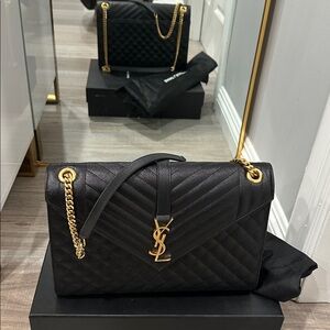 Saint Laurent  Monogram Triquilt Matelas Envelope Bag in Black Grain De Poudre